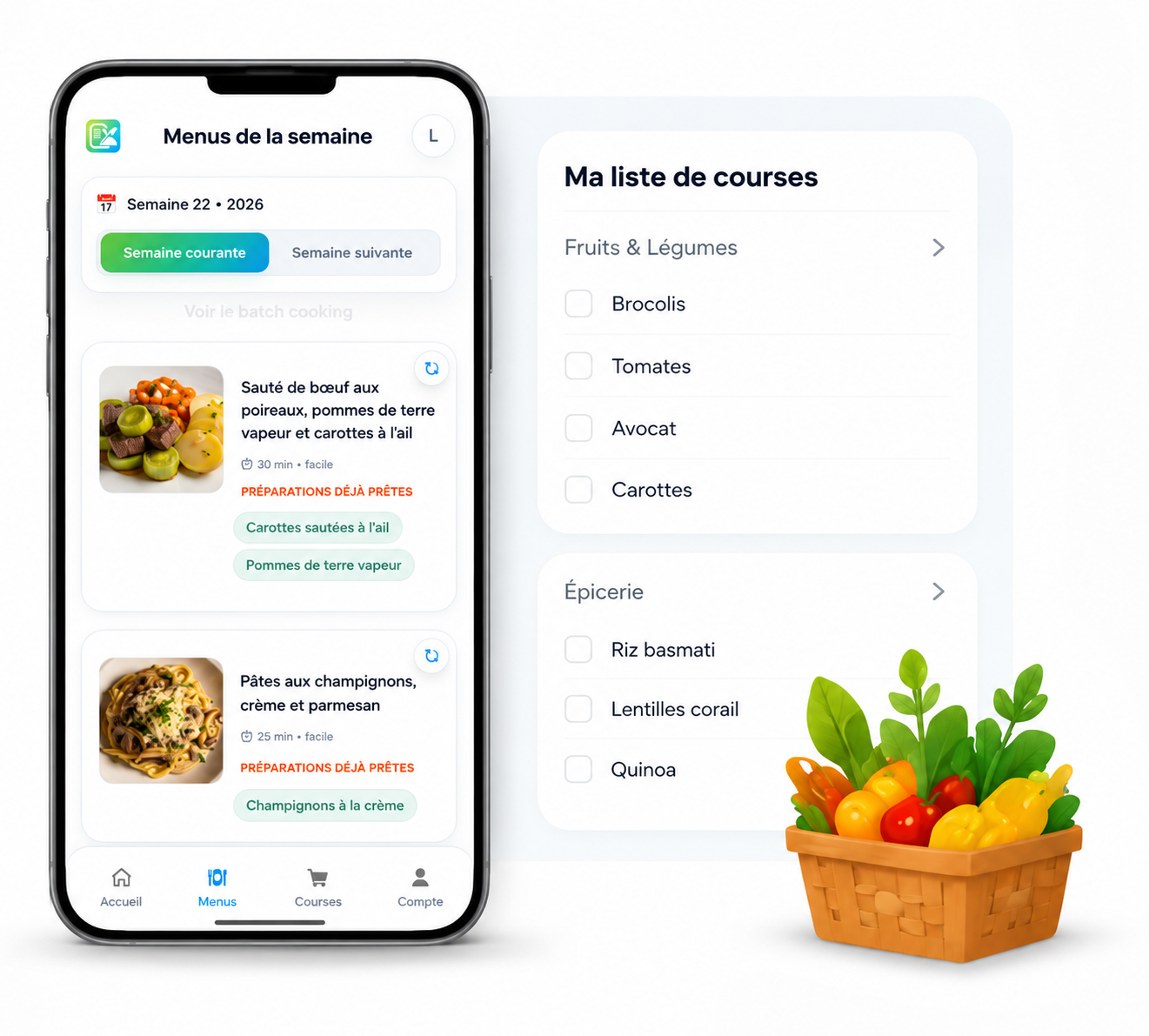 Mockup de l'application MenuFlow sur smartphone